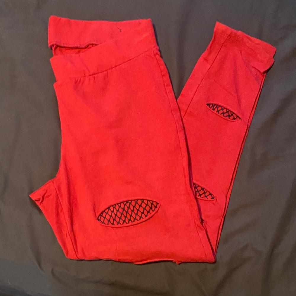 Red leggings with black fishnet Cutouts